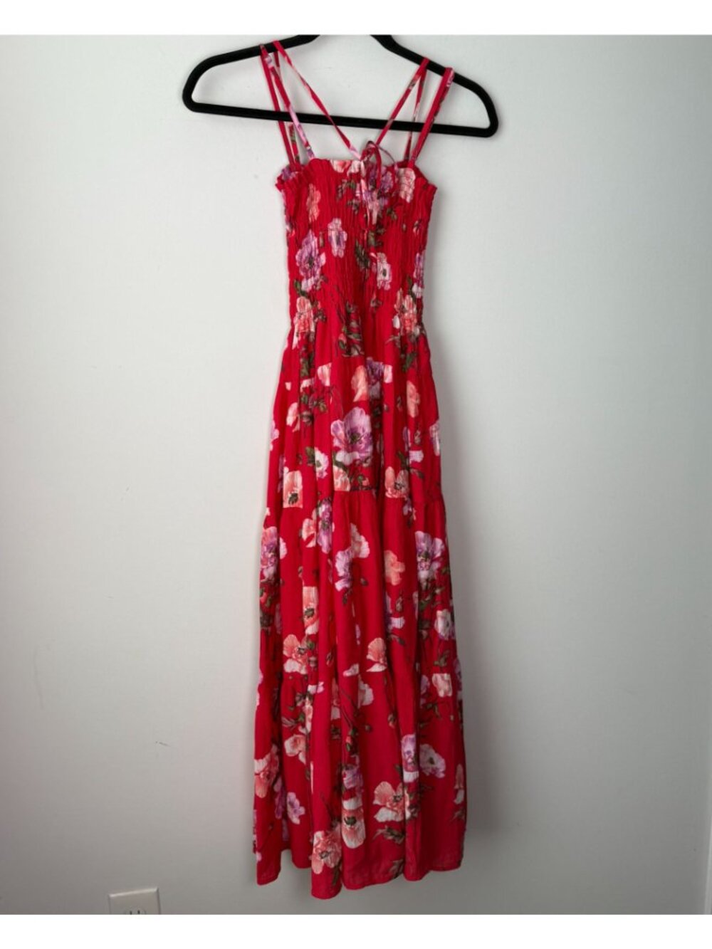 Abercrombie & Fitch Smocked Bodice Maxi Dress Red Floral Print XXSP Vacation - Picture 8 of 12
